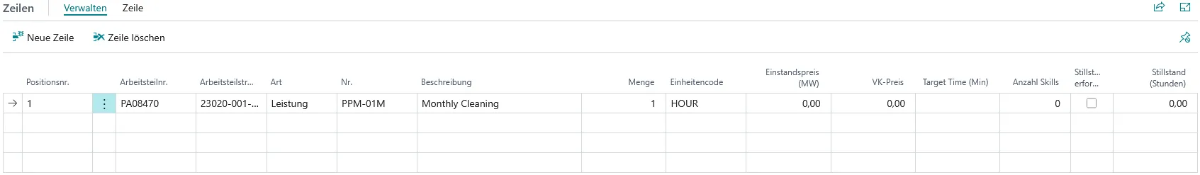 Abbildung: Aktiver Arbeitsauftrag, Zeilenbereich
