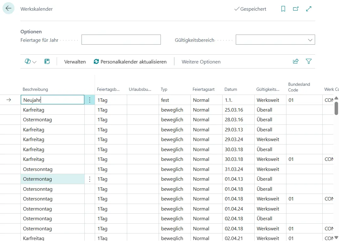Werkskalender Ansicht