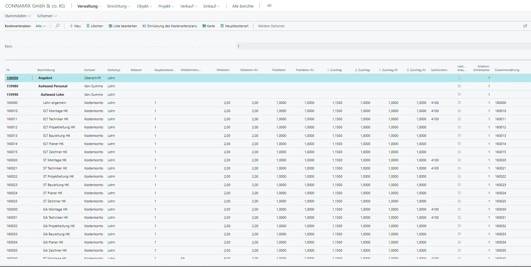Ansicht Kostenartenplan