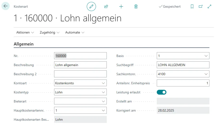 Ansicht Kostenartkarte