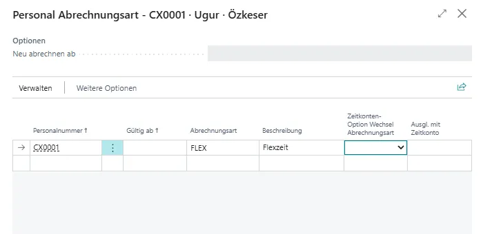 Personal Abrechnungsarten Ansicht