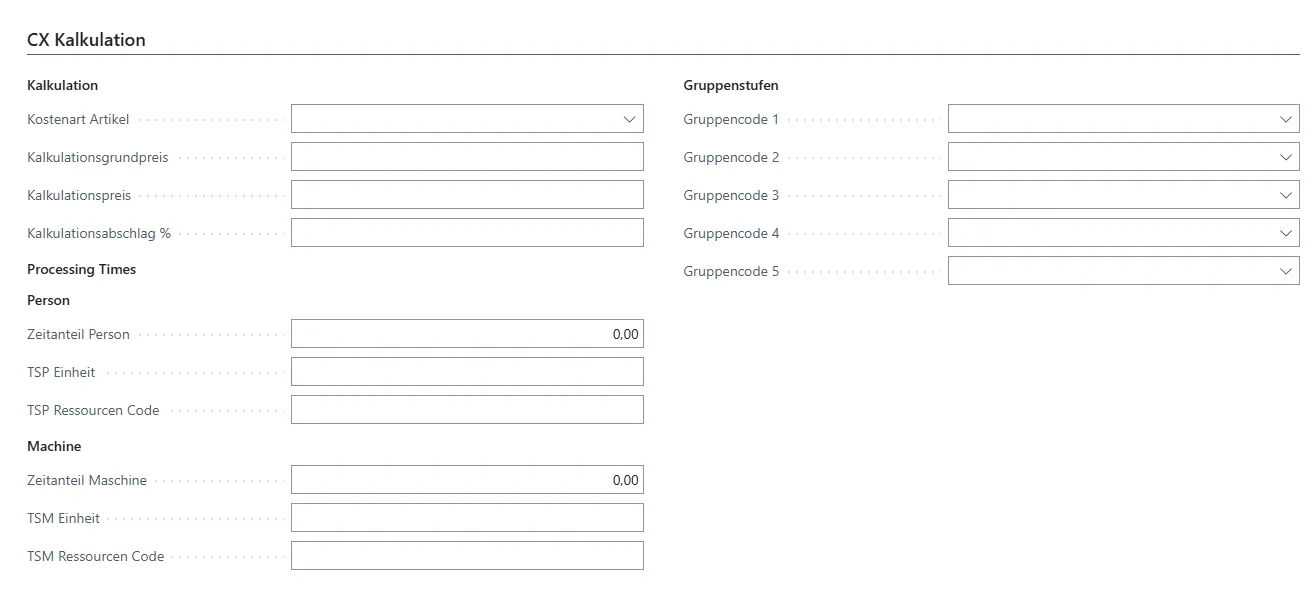 Ansicht Karteireiter "Kalkulation"
