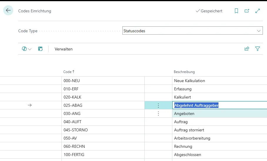 Ansicht Codes Einrichtung