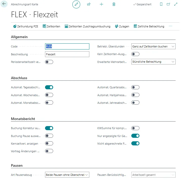 Abrechnungsart Karte Optionen Allgemein Ansicht