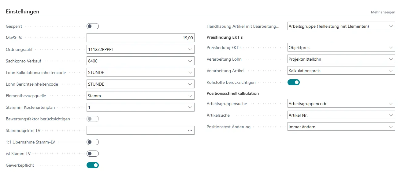 Ansicht Einstellungen