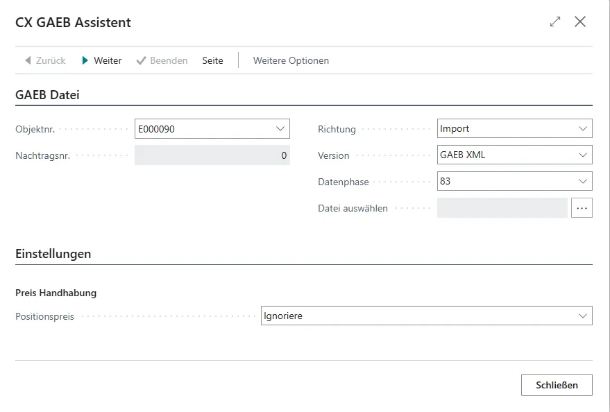 Ansicht CX GAEB Assistent