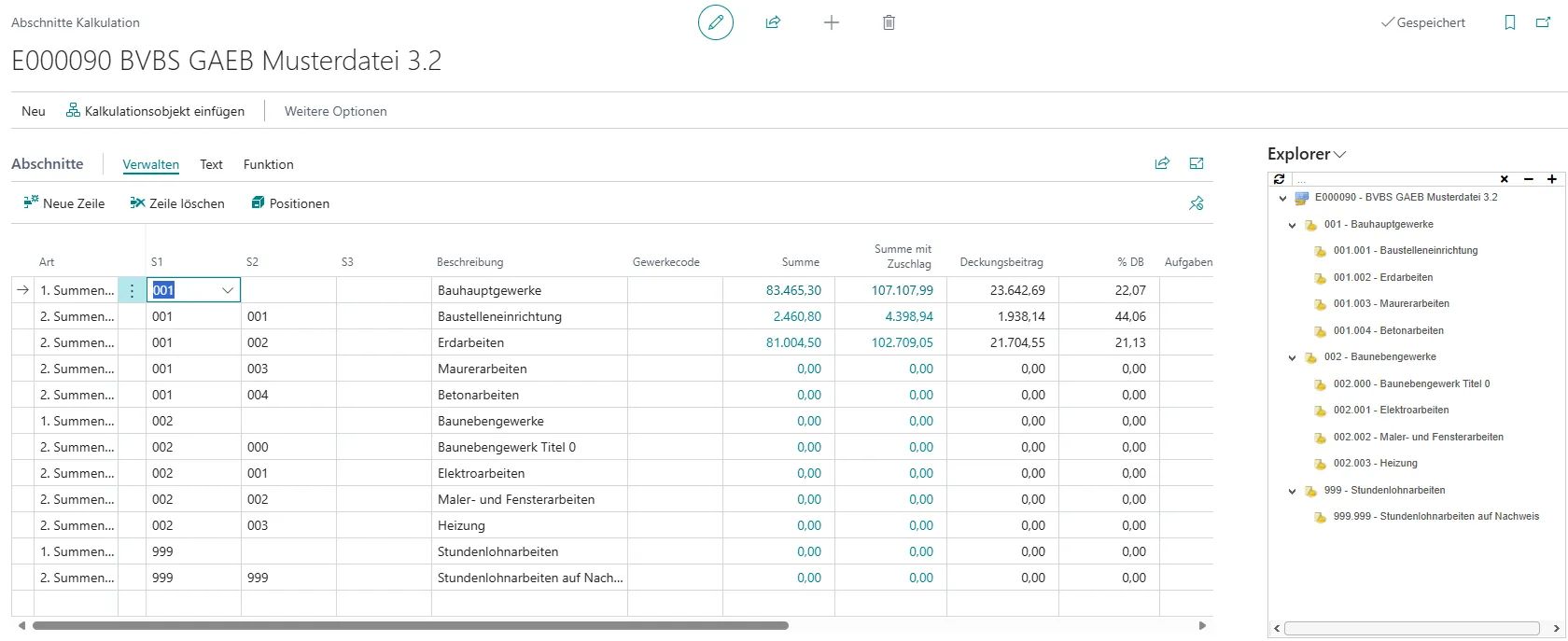 Ansicht Abschnitte Kalkulation