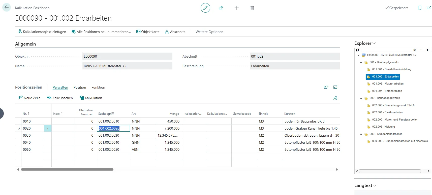 Ansicht Kalkulation Positionen