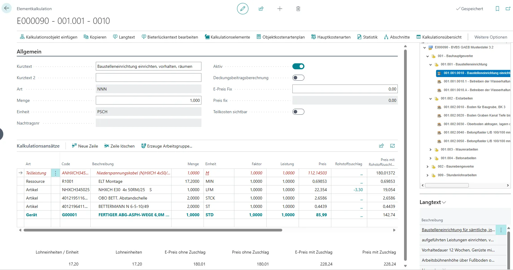 Ansicht Elementkalkulation