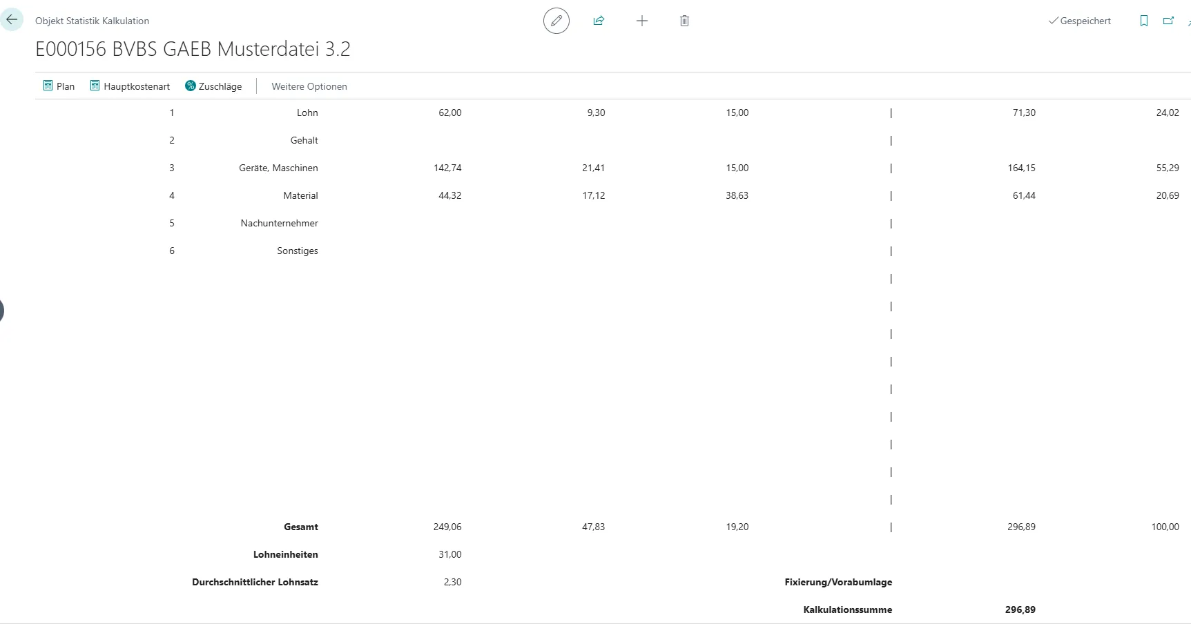 Ansicht Objekt Statistik Kalkulation