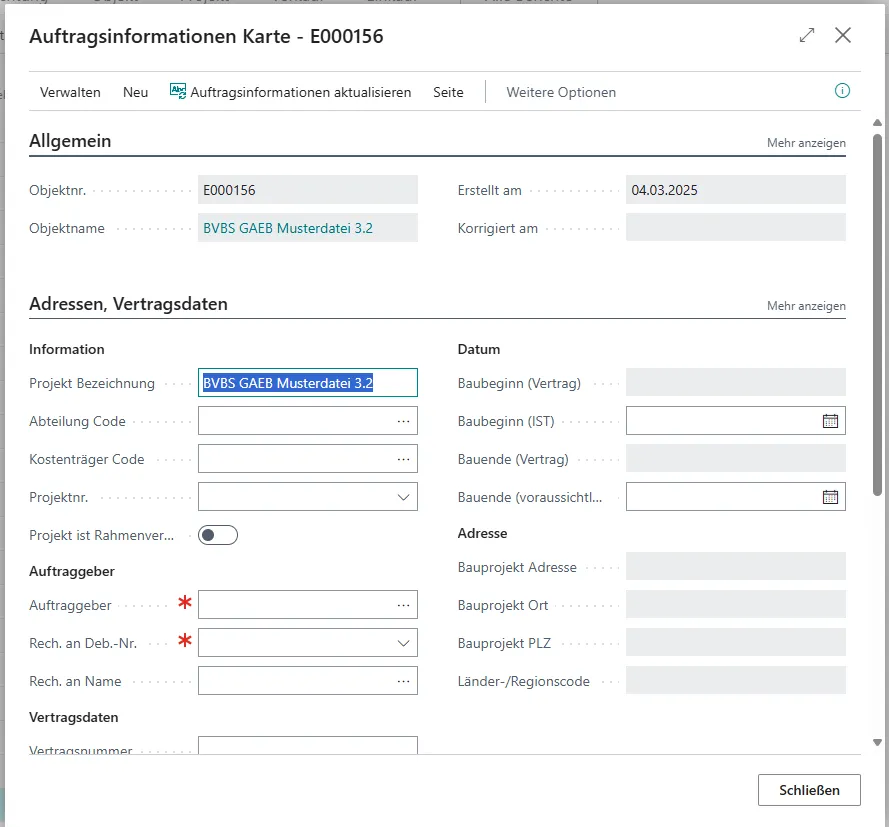 Ansicht Auftragsinformationskarte