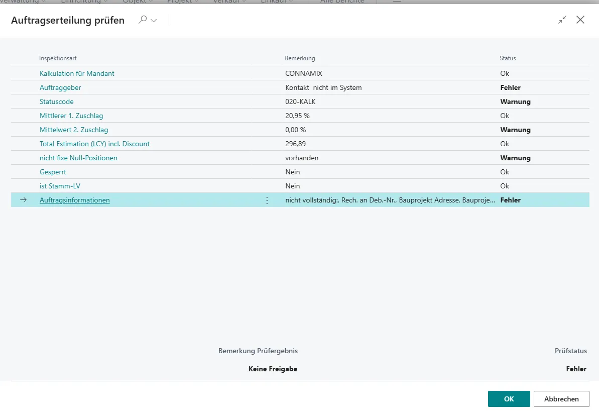 Ansicht Auftragserteilung prüfen