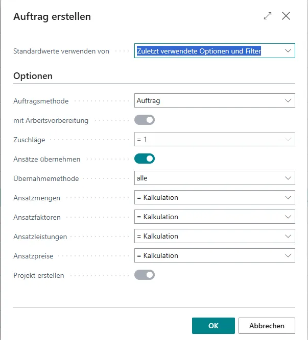 Ansicht Auftrag erstellen