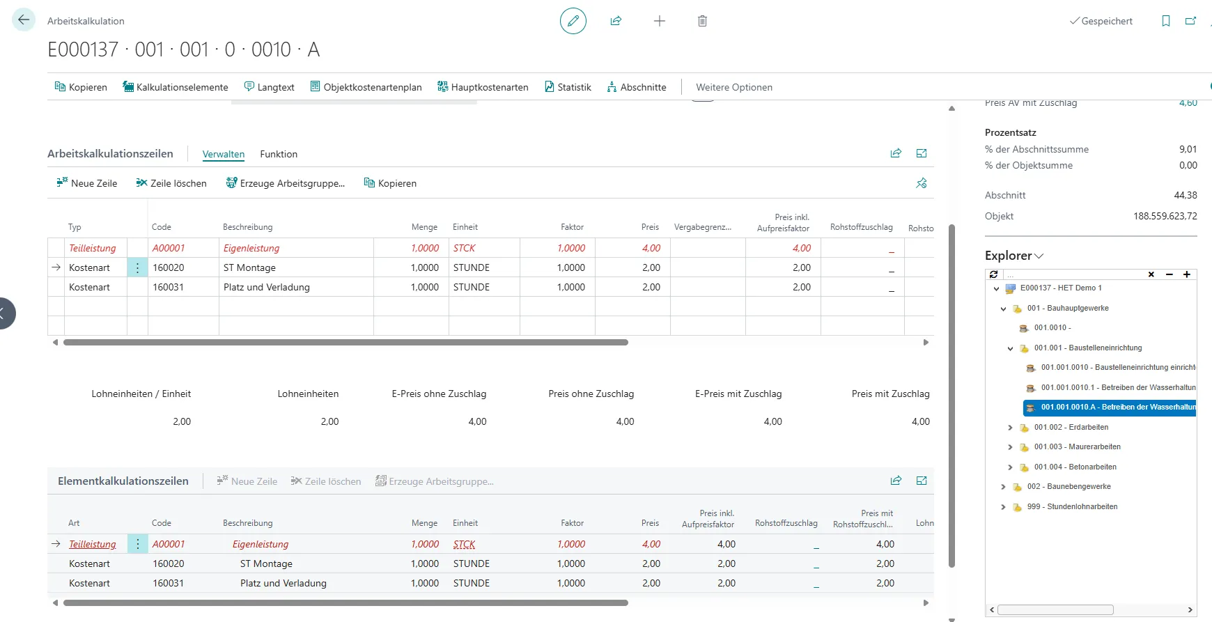 Ansicht Arbeitskalkulation