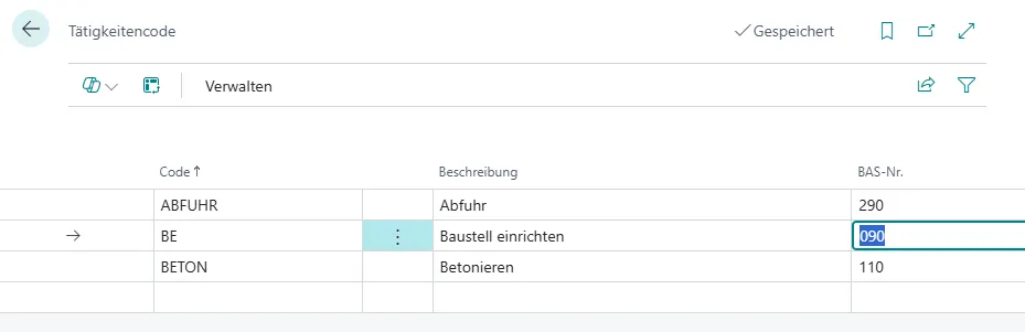 Ansicht Tätigkeitencode