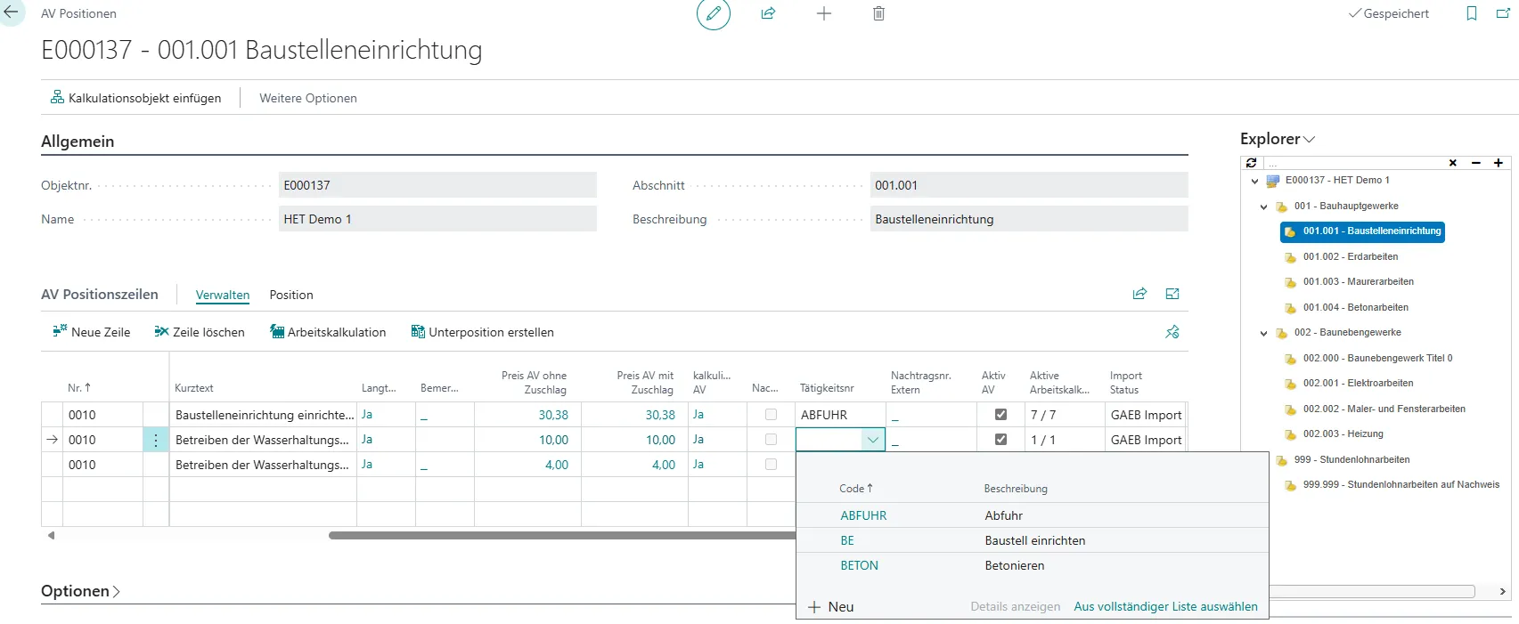 Ansicht AV Positionen