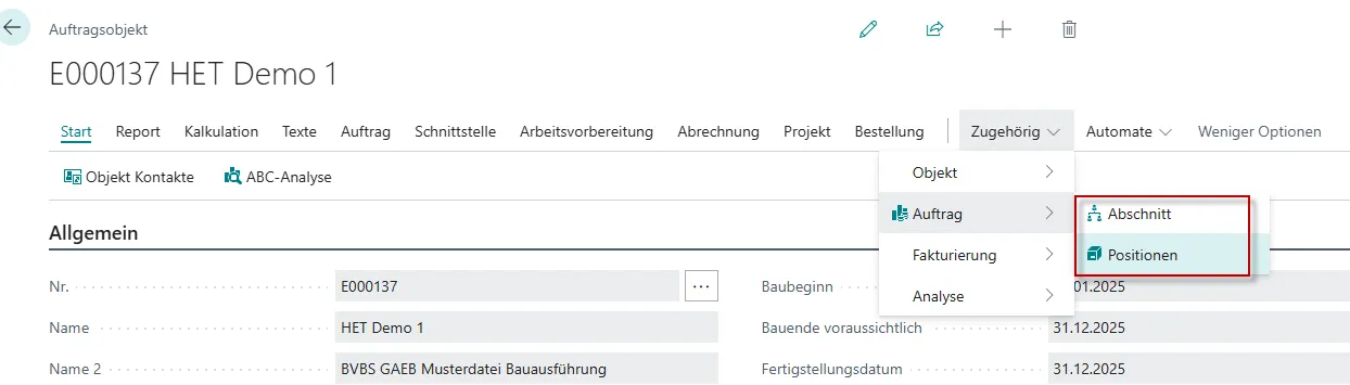 Ansicht Auftragsobjekt