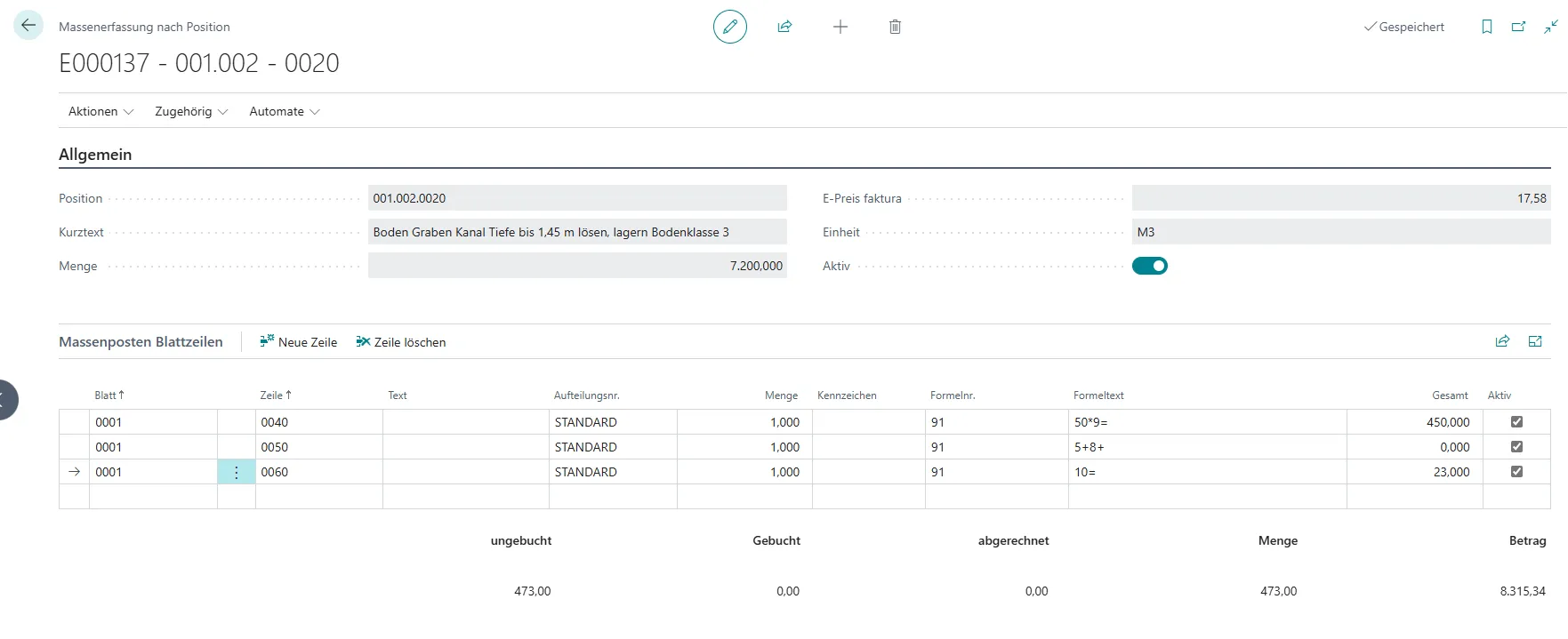 Ansicht Massenerfassung nach Position