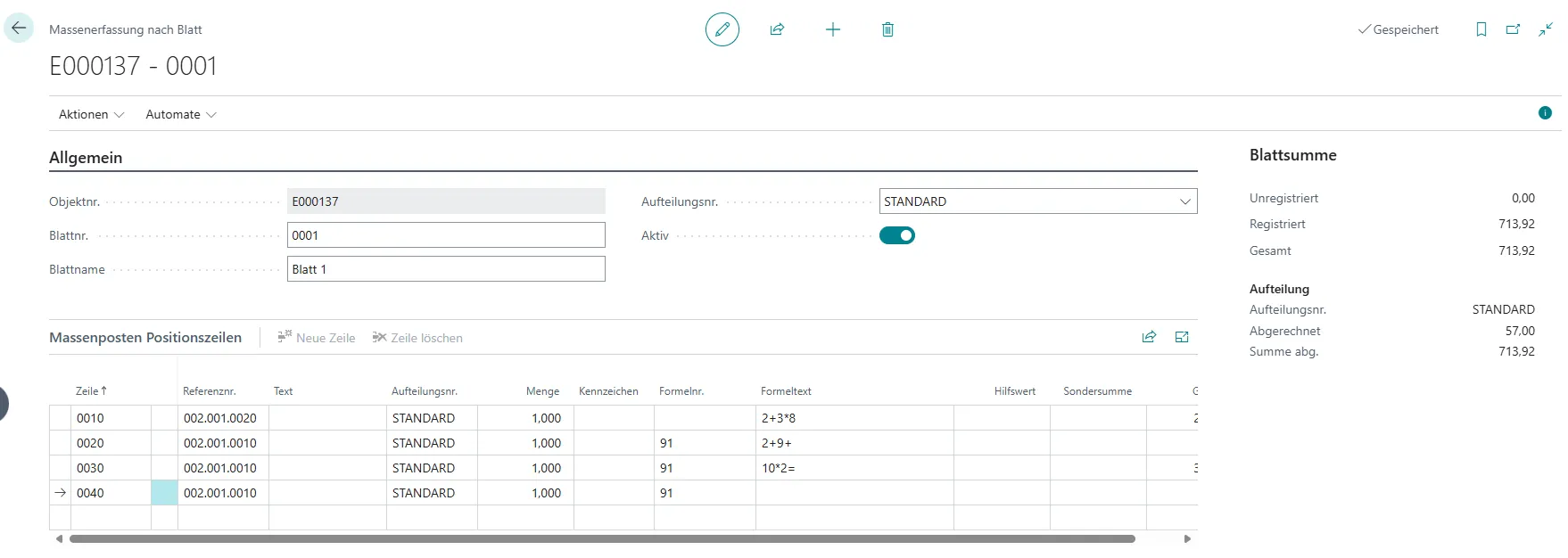 Ansicht Massenerfassung nach Blatt