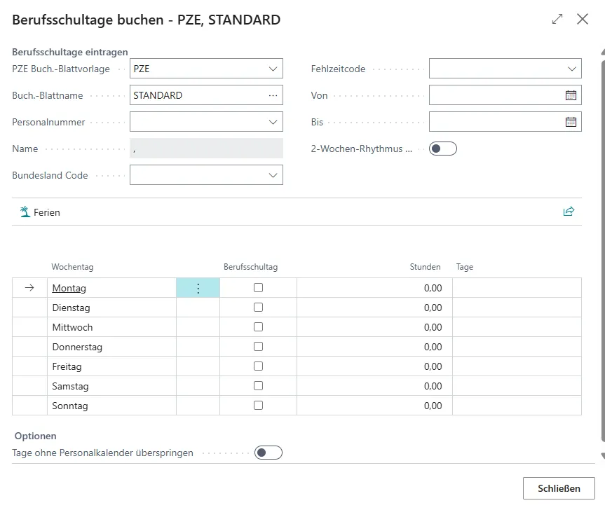 Berufsschultage buchen Ansicht