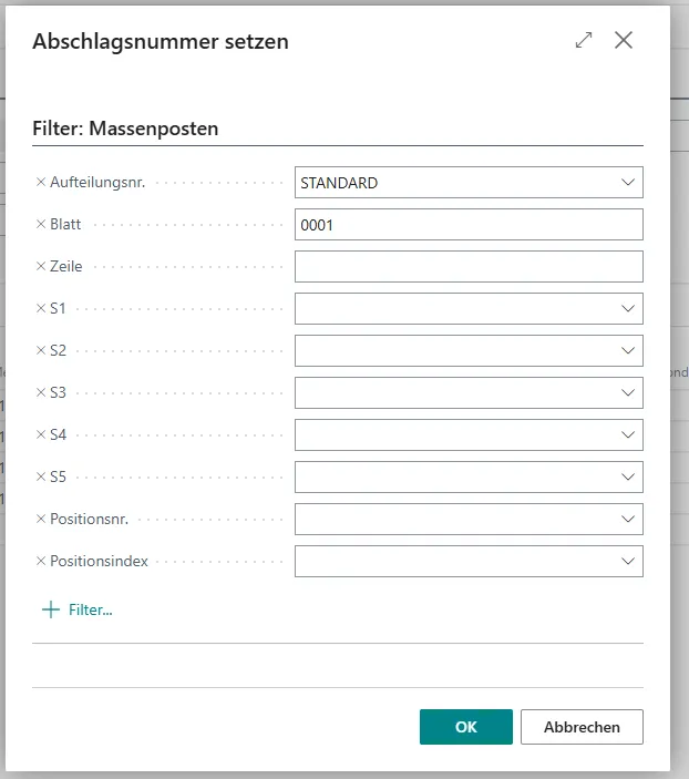 Ansicht Abschlagsnummer setzen Dialog
