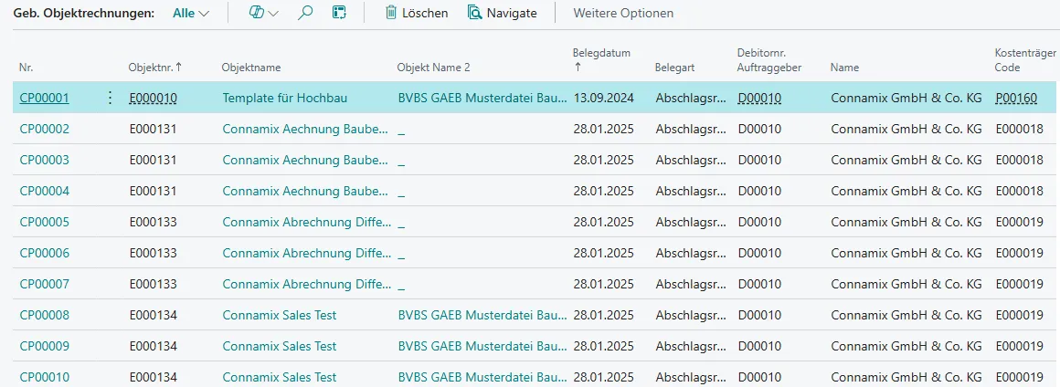 Ansicht Gebuchte Objektrechnungen