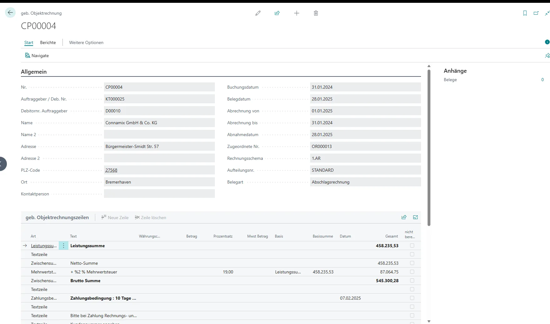 Ansicht Gebuchte Objektrechnung