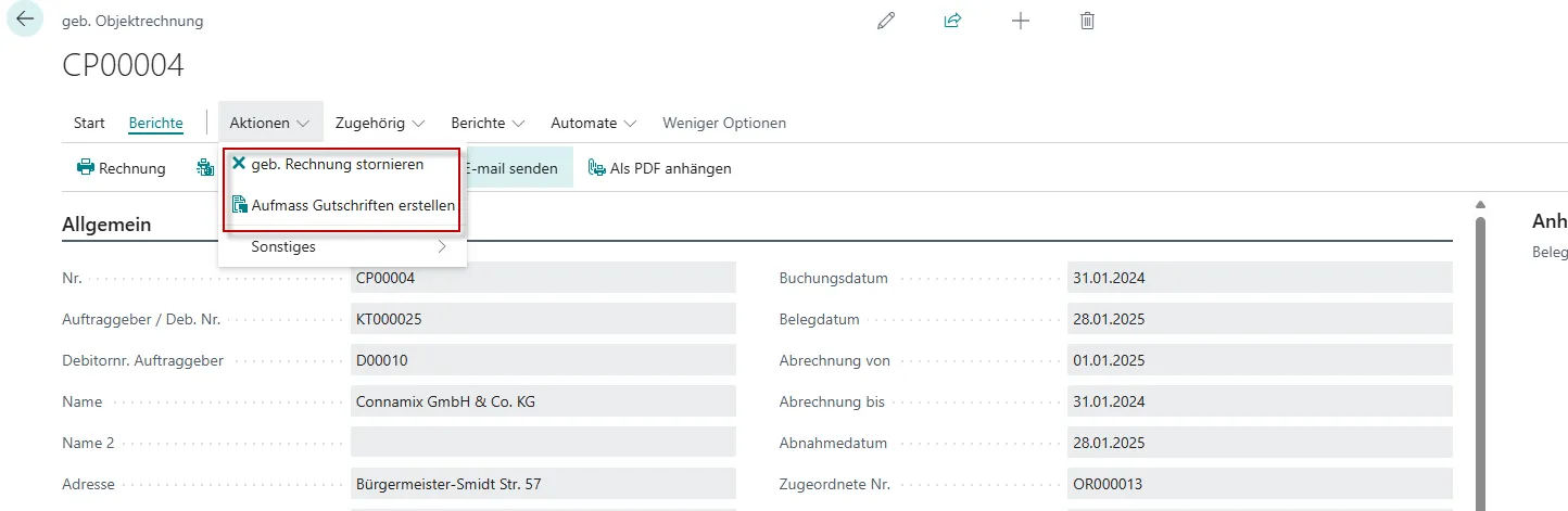 Ansicht Gebuchte Objektrechnung