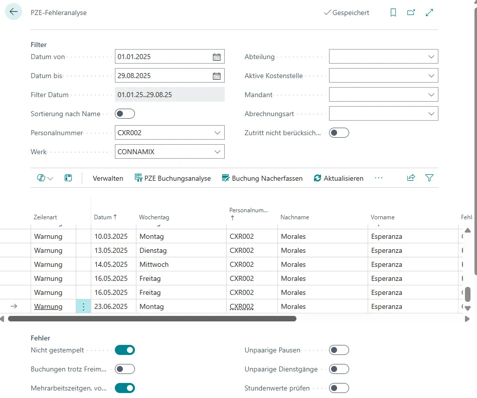 PZE-Fehleranalyse Ansicht