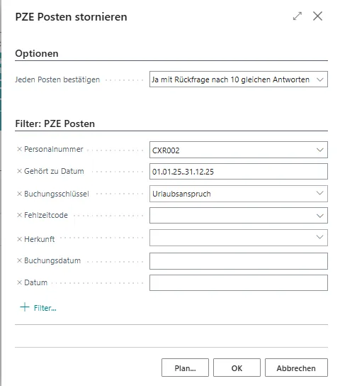 PZE Posten stornieren Ansicht
